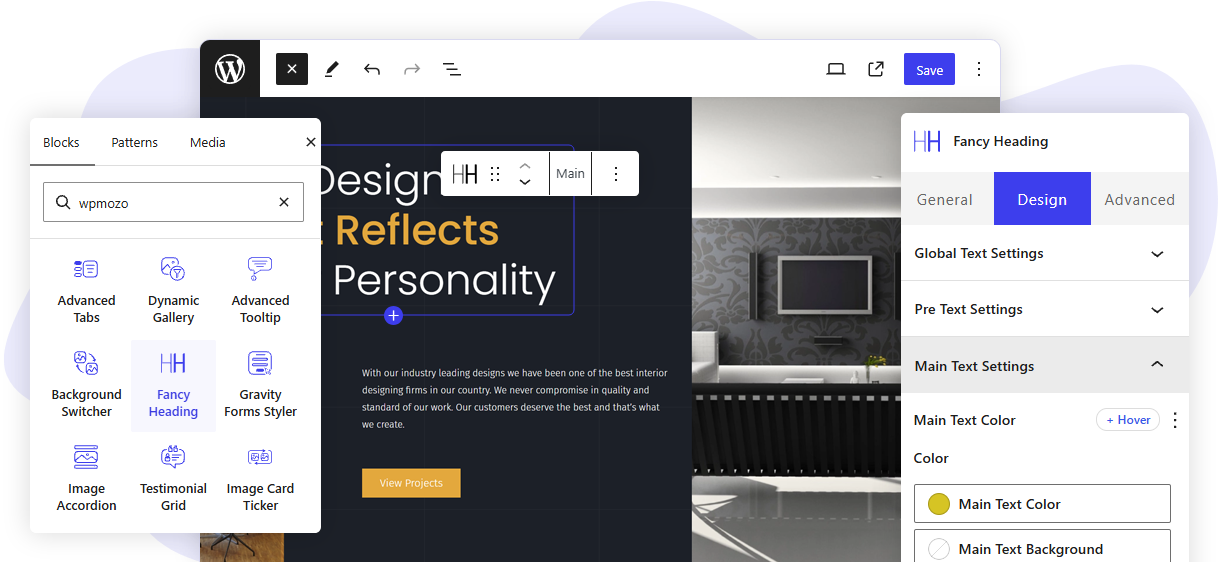 Official WPMozo Gutenberg design library and interactive block preview hub for WordPress website layouts
